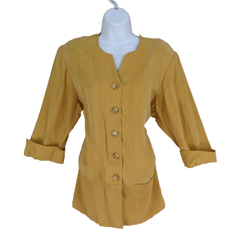 Liz & Me Button Up Blouse Womens Size 16W Yellowโ Shoulder Pads Cuffed Sleeves